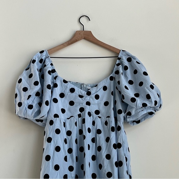 New English Factory Dotted BabyDoll Mini Dress Blie Puff Sleeve Large prairie - Picture 5 of 14